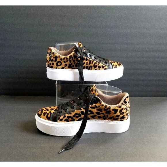 NATALY MENDEZ Brown Leopard Sneakers Sz 37 7 Lace Up Leather Calf Hair - Picture 8 of 15